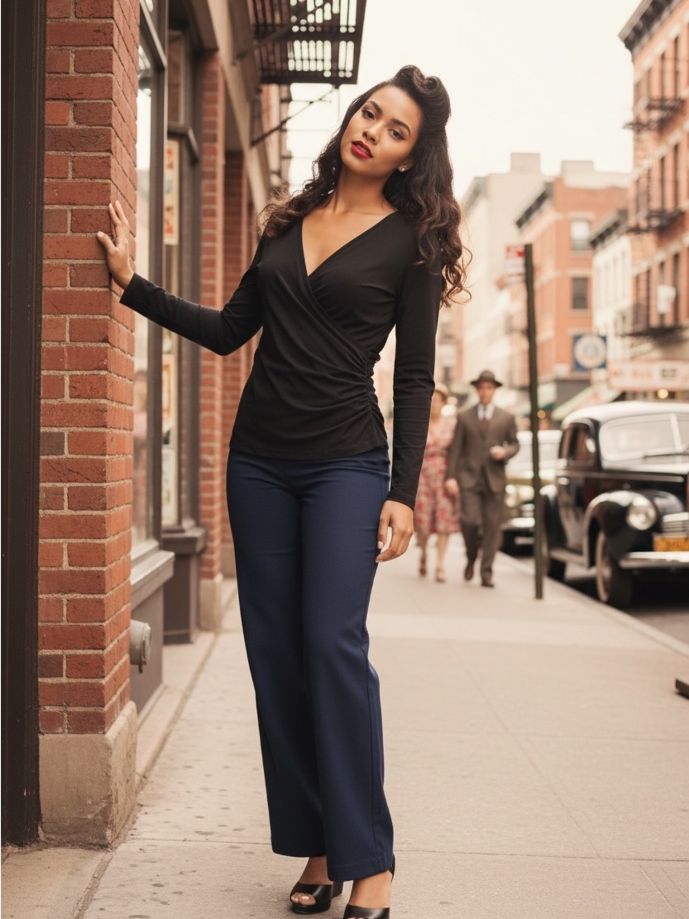 Pinup Couture Black Surplice Wrap Top Long Sleeve Ruched V-Neck, Black, M, EUC